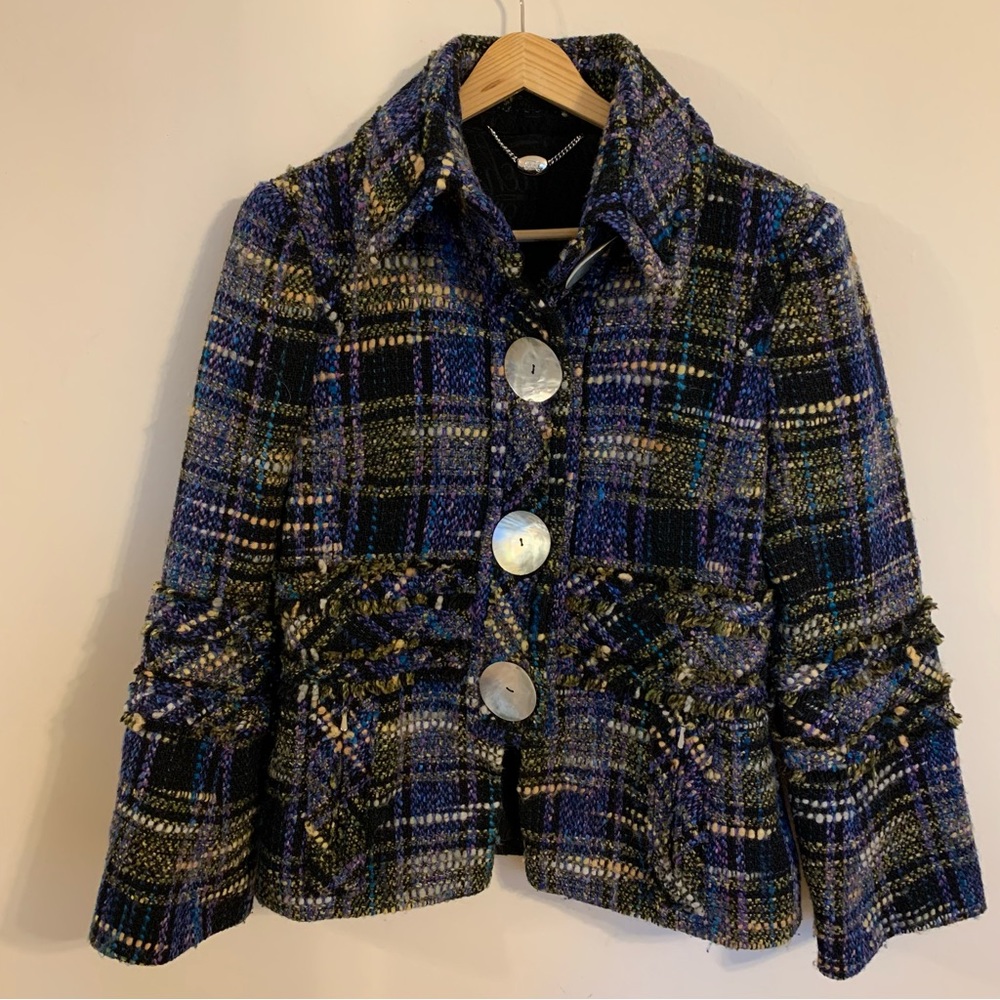 Tuleh Tweed Plaid Wool Blend Blazer Jacket, Size 10